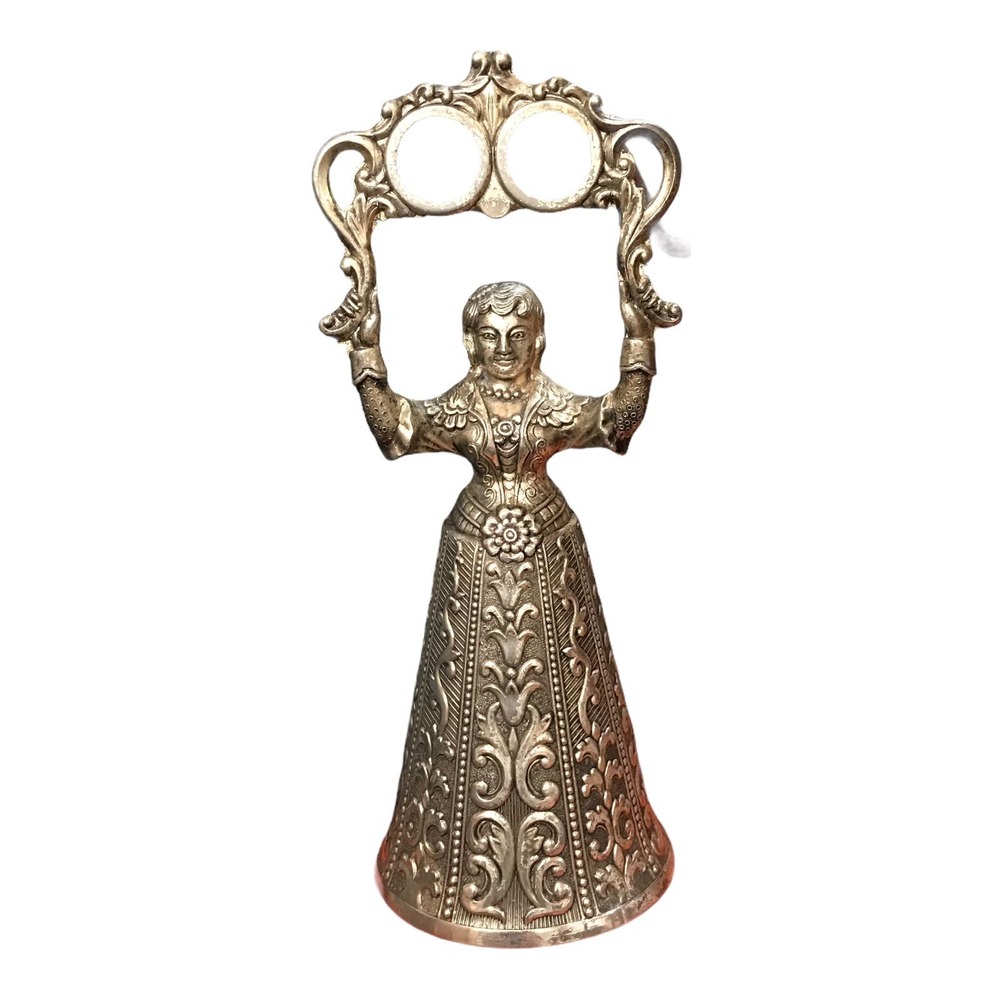 Vintage Ornate Silver plate Wedding Bell Woman holding Wedding Rings 6' x 2 1/2"